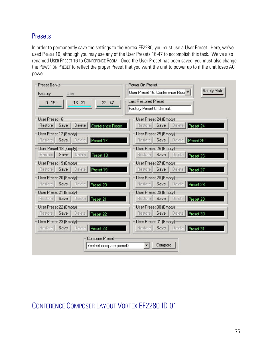 Presets, Conference composer layout vortex ef2280 id 01 | Vortex Media VTX 1000 User Manual | Page 75 / 103