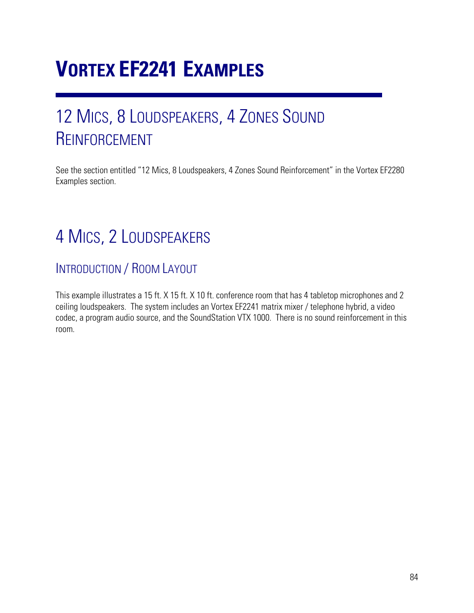 Vortex ef2241 examples, 4 mics, 2 loudspeakers, Introduction / room layout | Ef2241 e, 12 m, Ortex, Xamples | Vortex Media VTX 1000 User Manual | Page 84 / 103