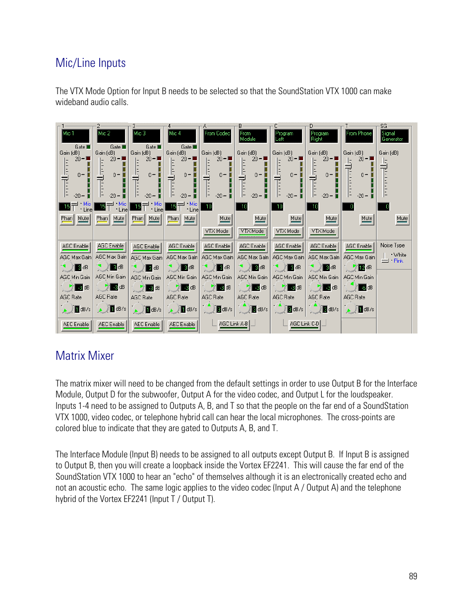 Mic/line inputs, Matrix mixer | Vortex Media VTX 1000 User Manual | Page 89 / 103