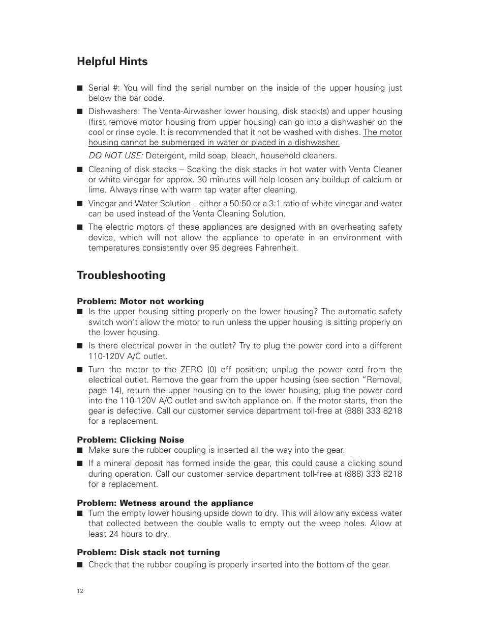 Helpful hints, Troubleshooting | Venta Airwasher LW 44 User Manual | Page 12 / 16