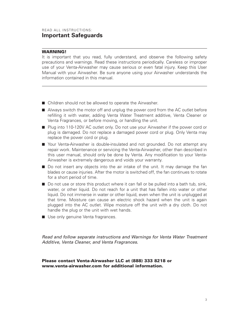 Important safeguards | Venta Airwasher LW 44 User Manual | Page 3 / 16