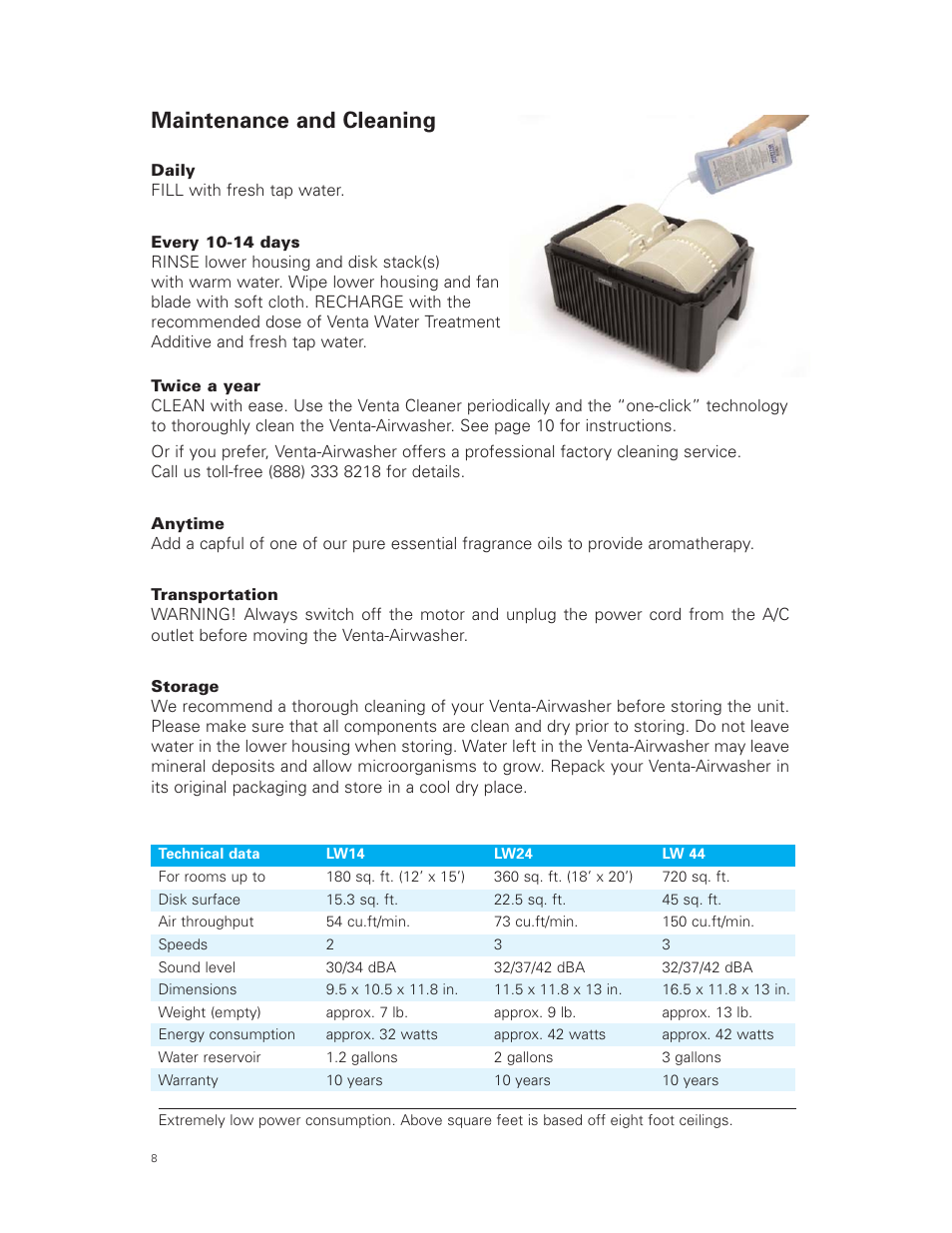 Maintenance and cleaning | Venta Airwasher LW 44 User Manual | Page 8 / 16