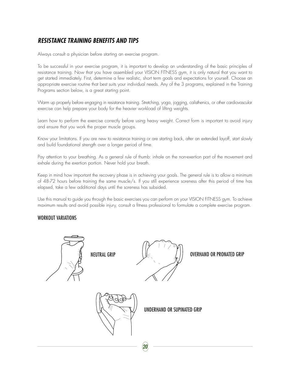 Resistance training benefits and tips | Vision Fitness ST720 User Manual | Page 20 / 32