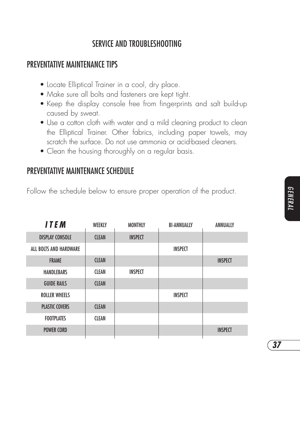 Preventative maintenance schedule, I t e m | Vision Fitness X6200HRT User Manual | Page 41 / 60