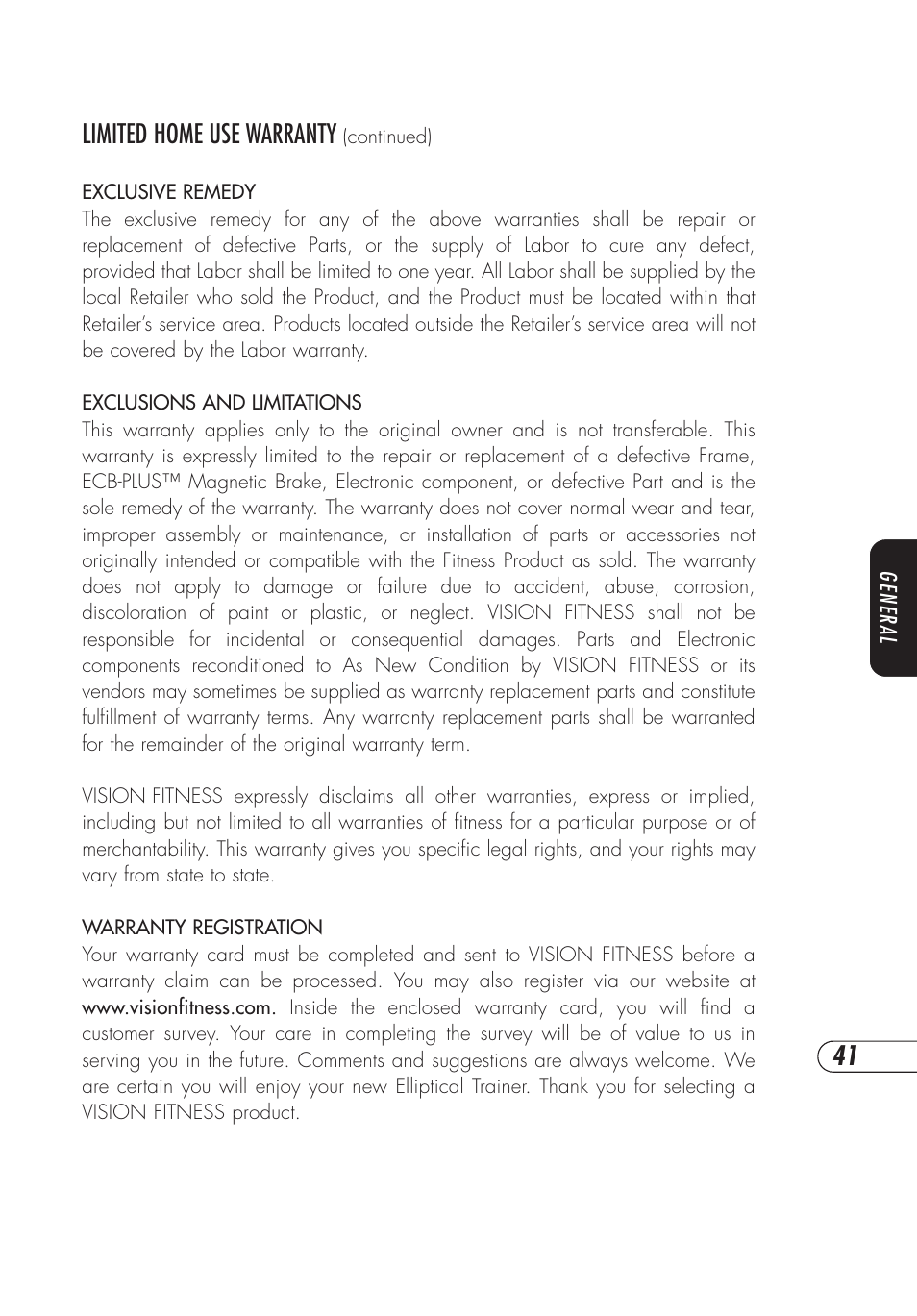 Limited home use warranty | Vision Fitness X6200HRT User Manual | Page 45 / 60