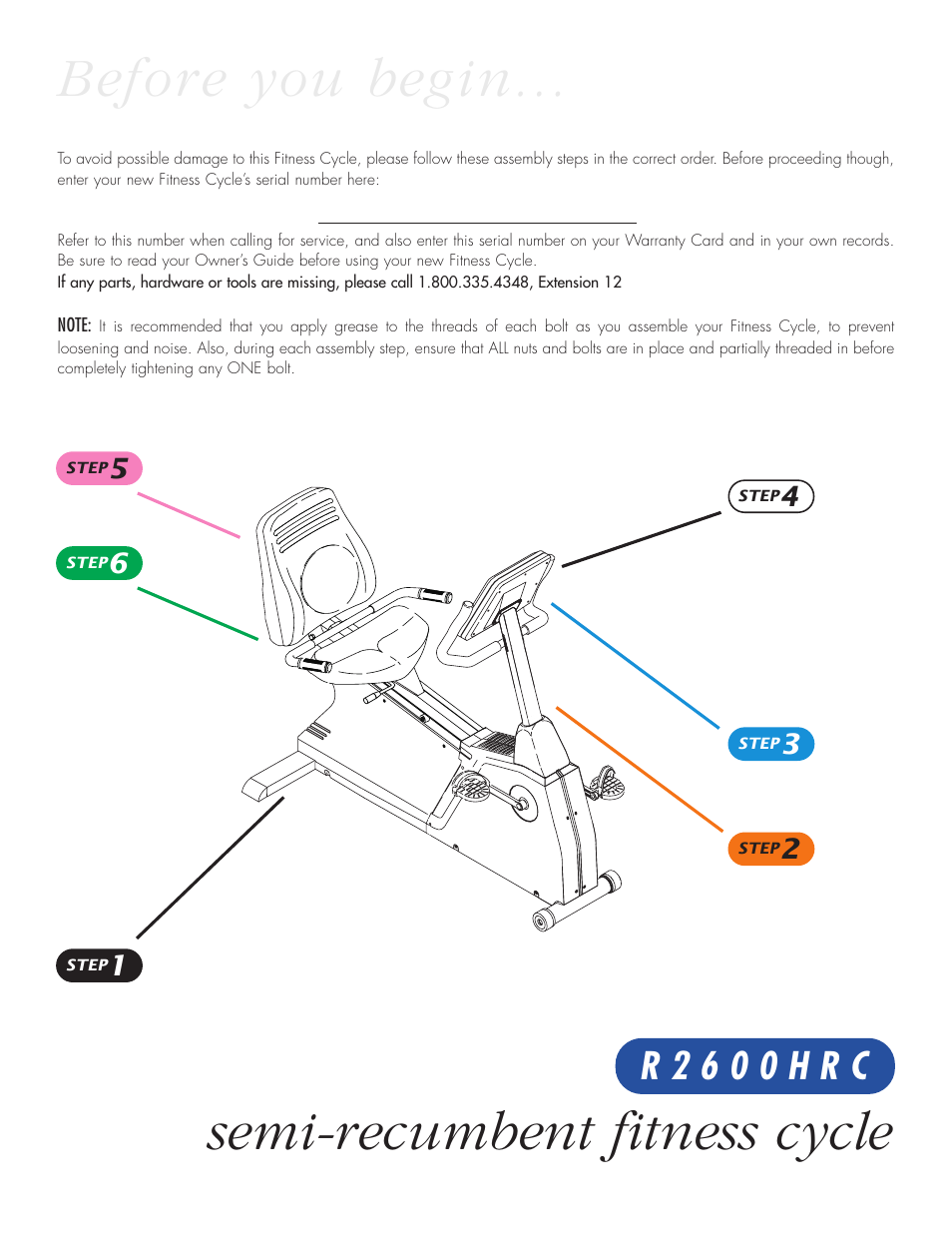 Before you begin… semi-recumbent fitness cycle, R 2 6 0 0 h r c | Vision Fitness R2600HRC User Manual | Page 2 / 7