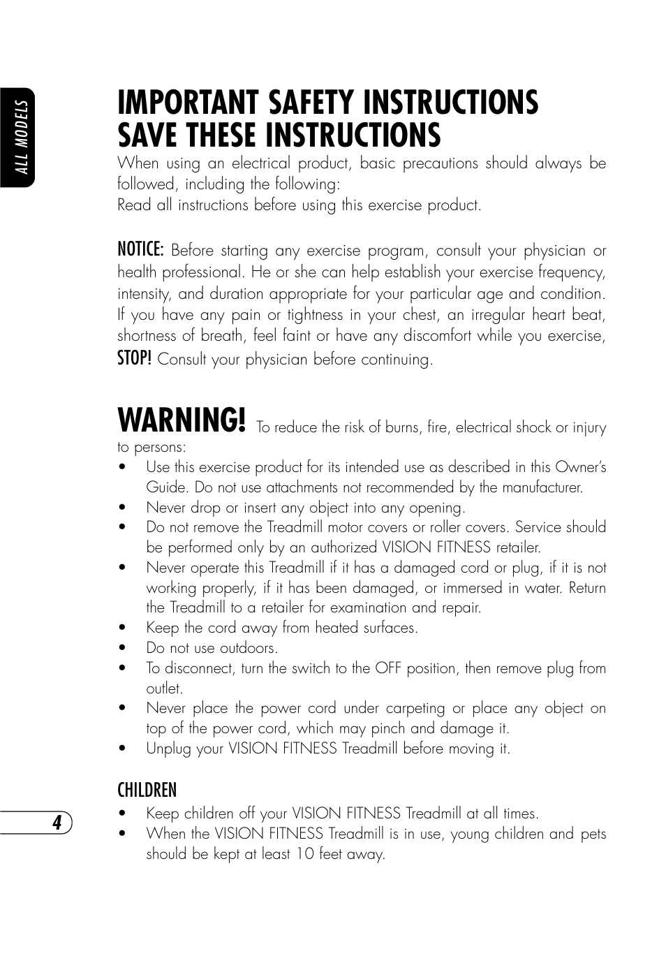 Warning | Vision Fitness T9100 User Manual | Page 8 / 40