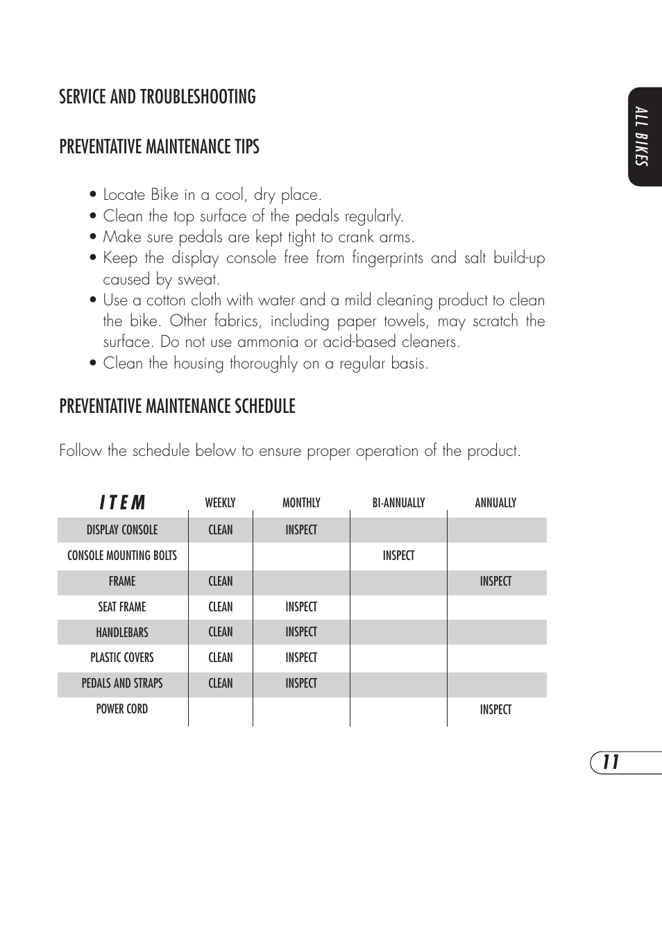 Preventative maintenance schedule, I t e m | Vision Fitness E3200 User Manual | Page 15 / 72