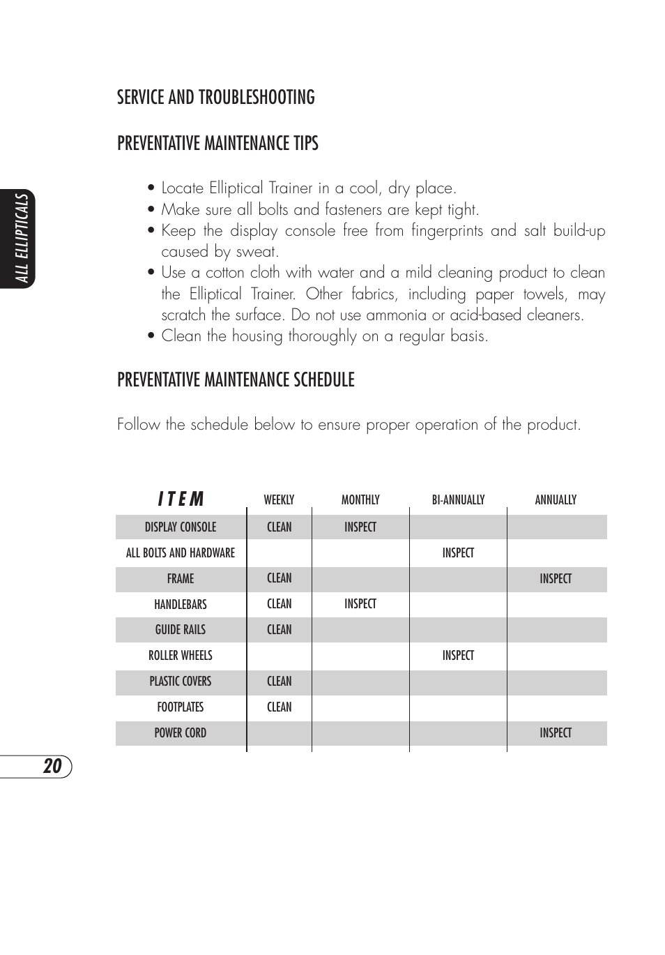 Preventative maintenance schedule, I t e m | Vision Fitness E3200 User Manual | Page 24 / 72