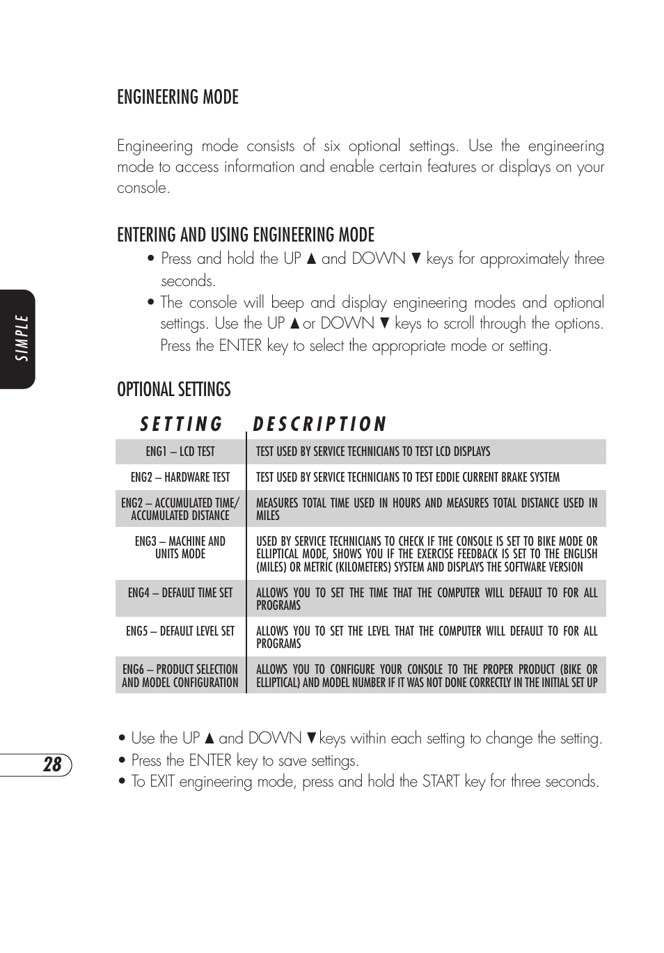 Engineering mode, Entering and using engineering mode, Optional settings | Vision Fitness E3200 User Manual | Page 32 / 72