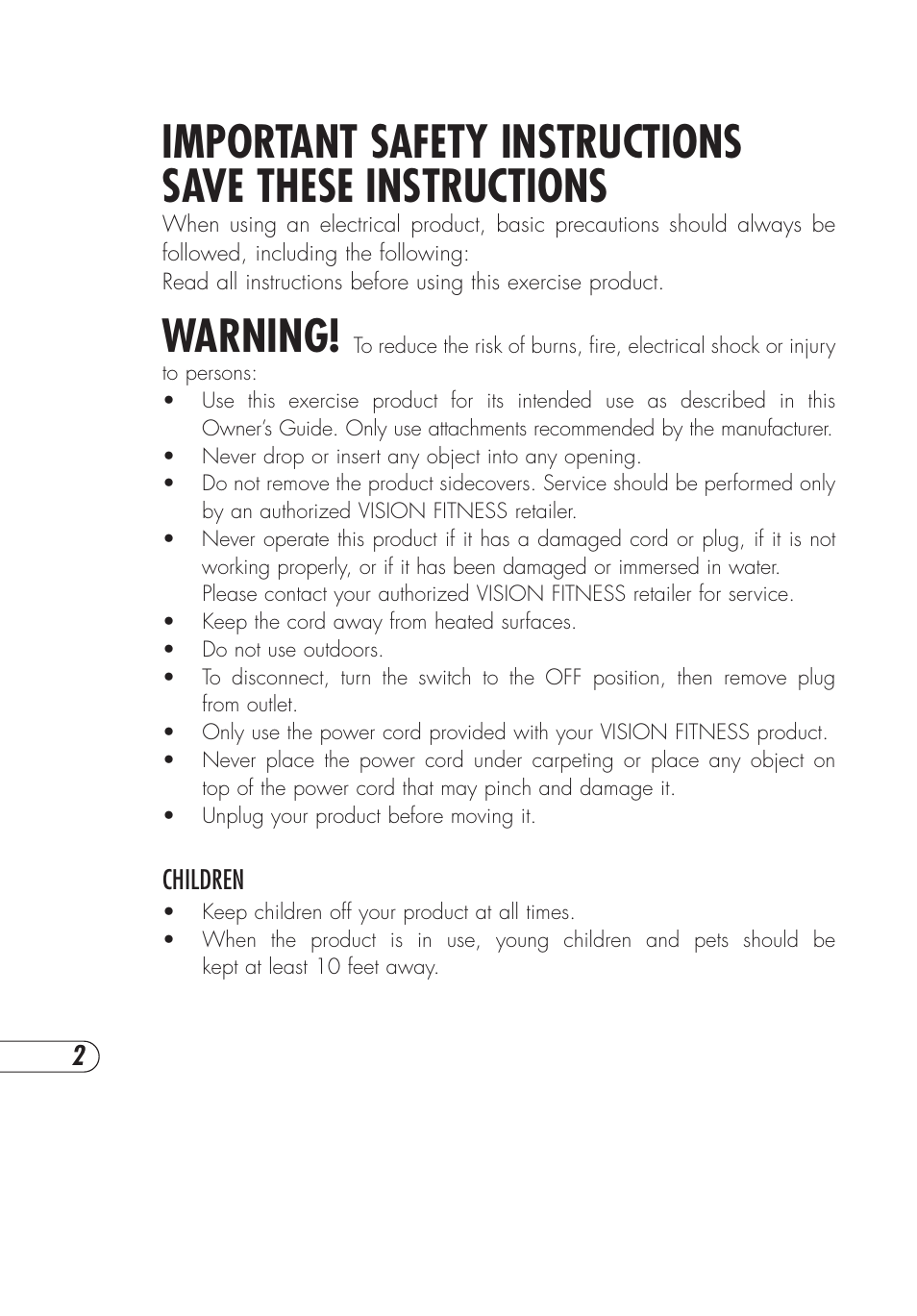 Warning | Vision Fitness E3200 User Manual | Page 6 / 72