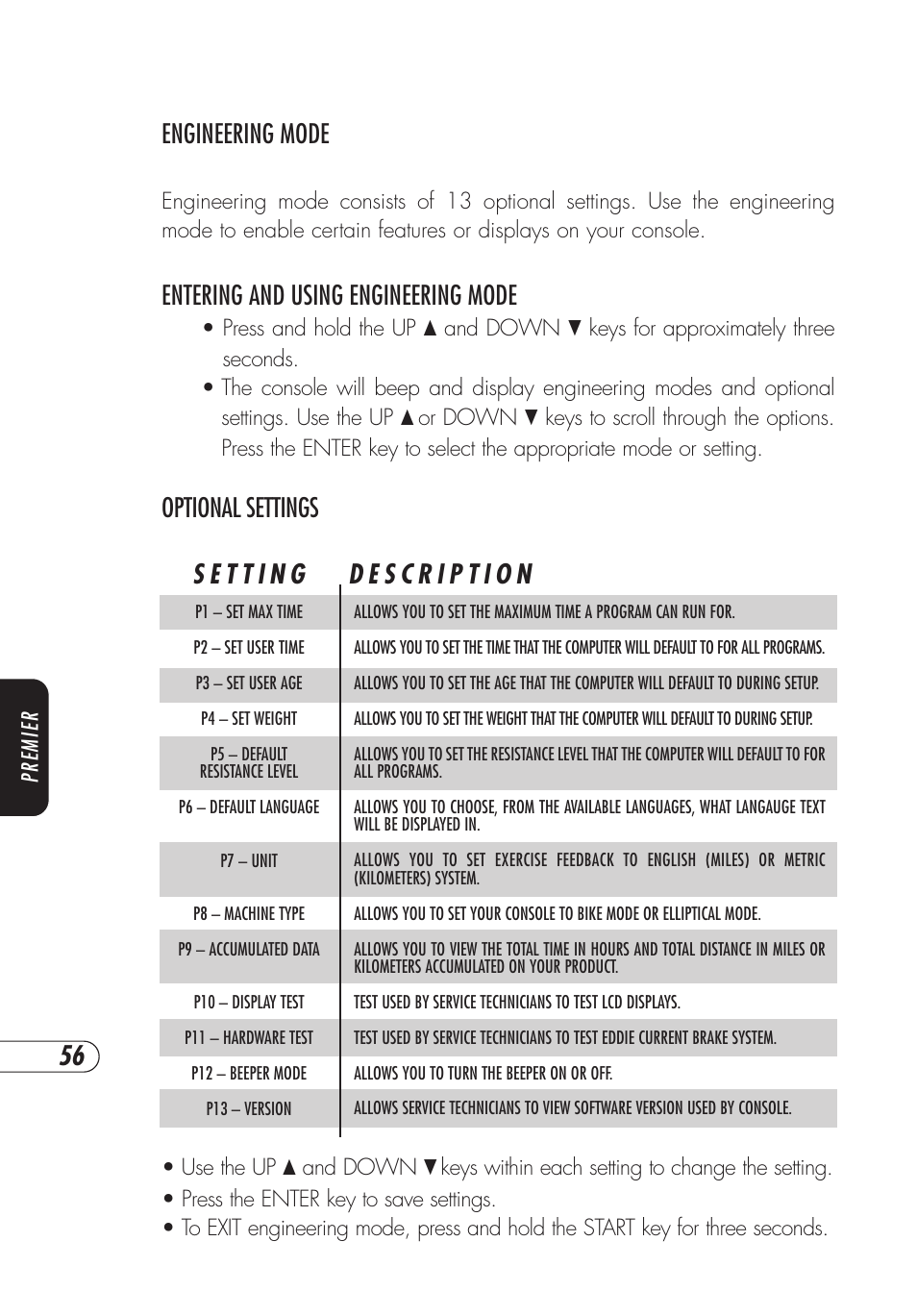 Engineering mode, Entering and using engineering mode, Optional settings | Vision Fitness E3200 User Manual | Page 60 / 72