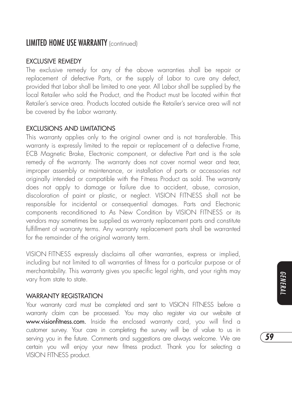 Limited home use warranty | Vision Fitness E3200 User Manual | Page 63 / 72