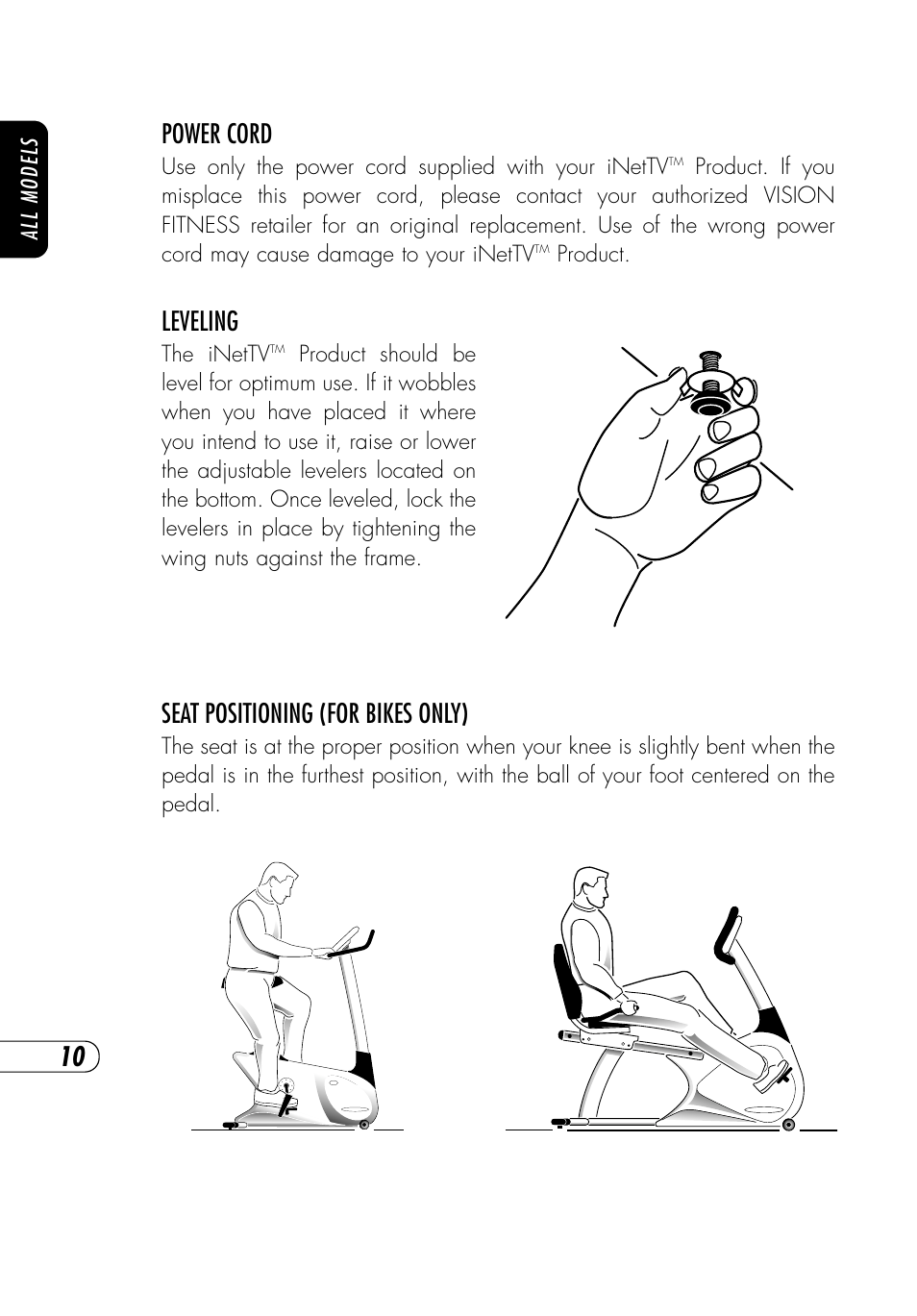 Leveling, Seat positioning (for bikes only), Power cord | Vision Fitness NetTV General User Manual | Page 14 / 48