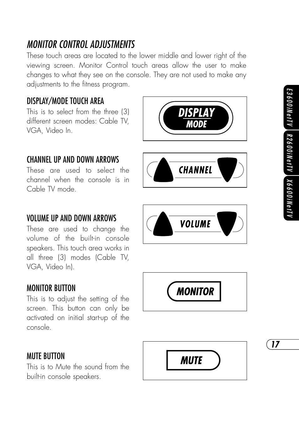 Monitor control adjustments | Vision Fitness NetTV General User Manual | Page 21 / 48