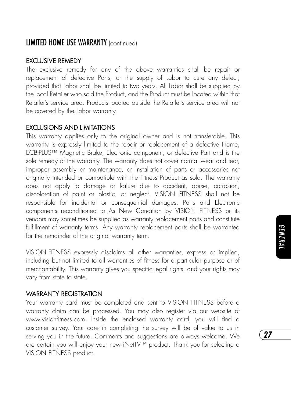 Limited home use warranty | Vision Fitness NetTV General User Manual | Page 31 / 48
