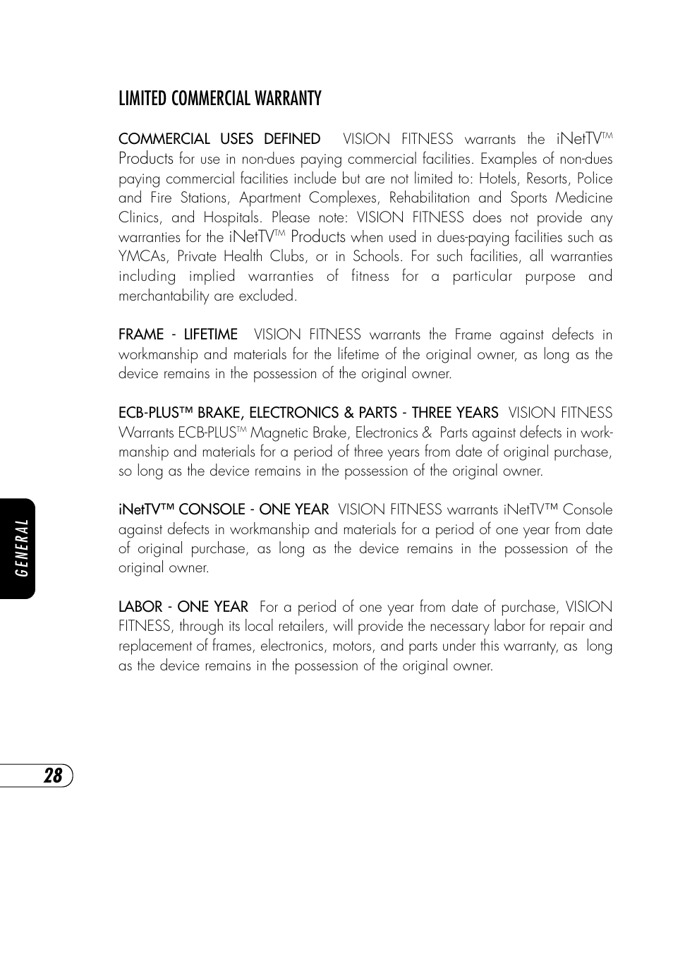 Limited commercial warranty | Vision Fitness NetTV General User Manual | Page 32 / 48