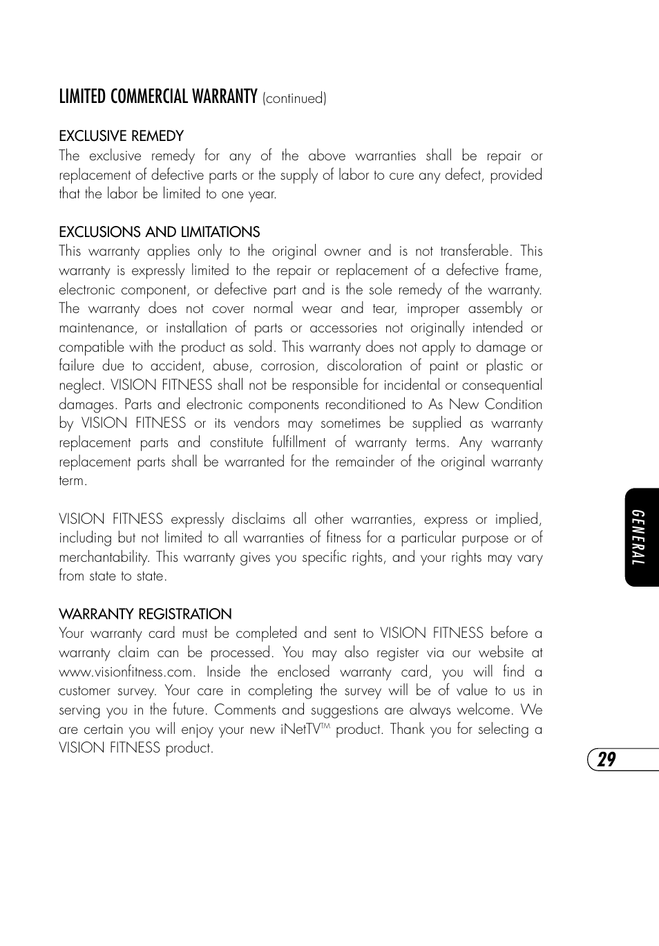 Limited commercial warranty | Vision Fitness NetTV General User Manual | Page 33 / 48