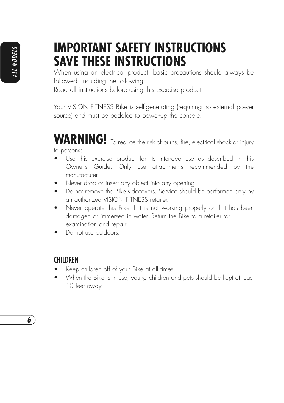 Warning | Vision Fitness R2600HRT User Manual | Page 10 / 60