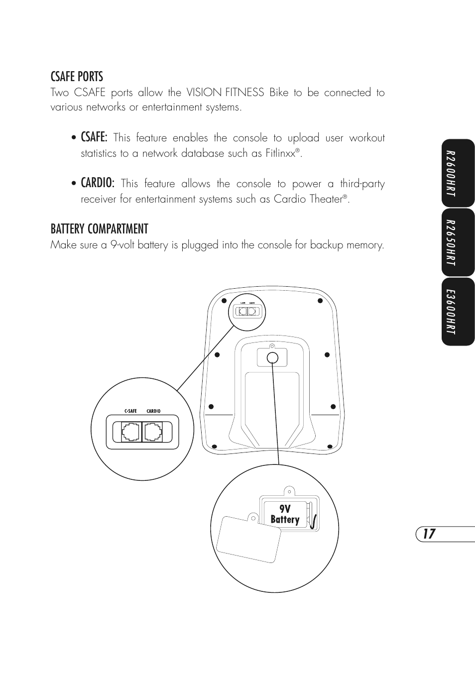 Csafe ports, Csafe, Cardio | Battery compartment | Vision Fitness R2600HRT User Manual | Page 21 / 60