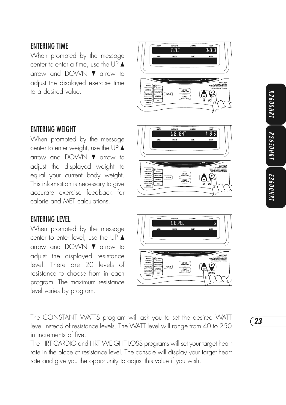 Entering time, Entering weight, Entering level | Vision Fitness R2600HRT User Manual | Page 27 / 60