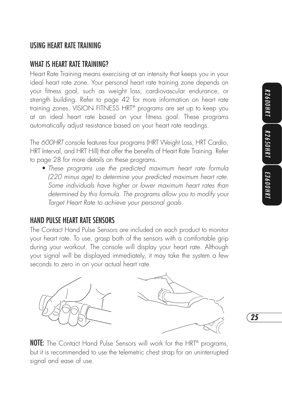 Hand pulse heart rate sensors | Vision Fitness R2600HRT User Manual | Page 29 / 60