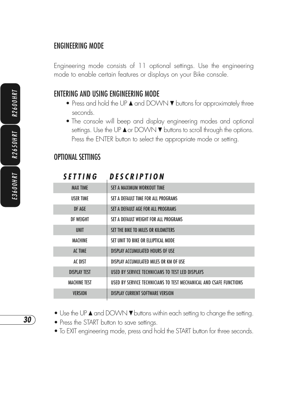 Engineering mode, Entering and using engineering mode, Optional settings | Vision Fitness R2600HRT User Manual | Page 34 / 60