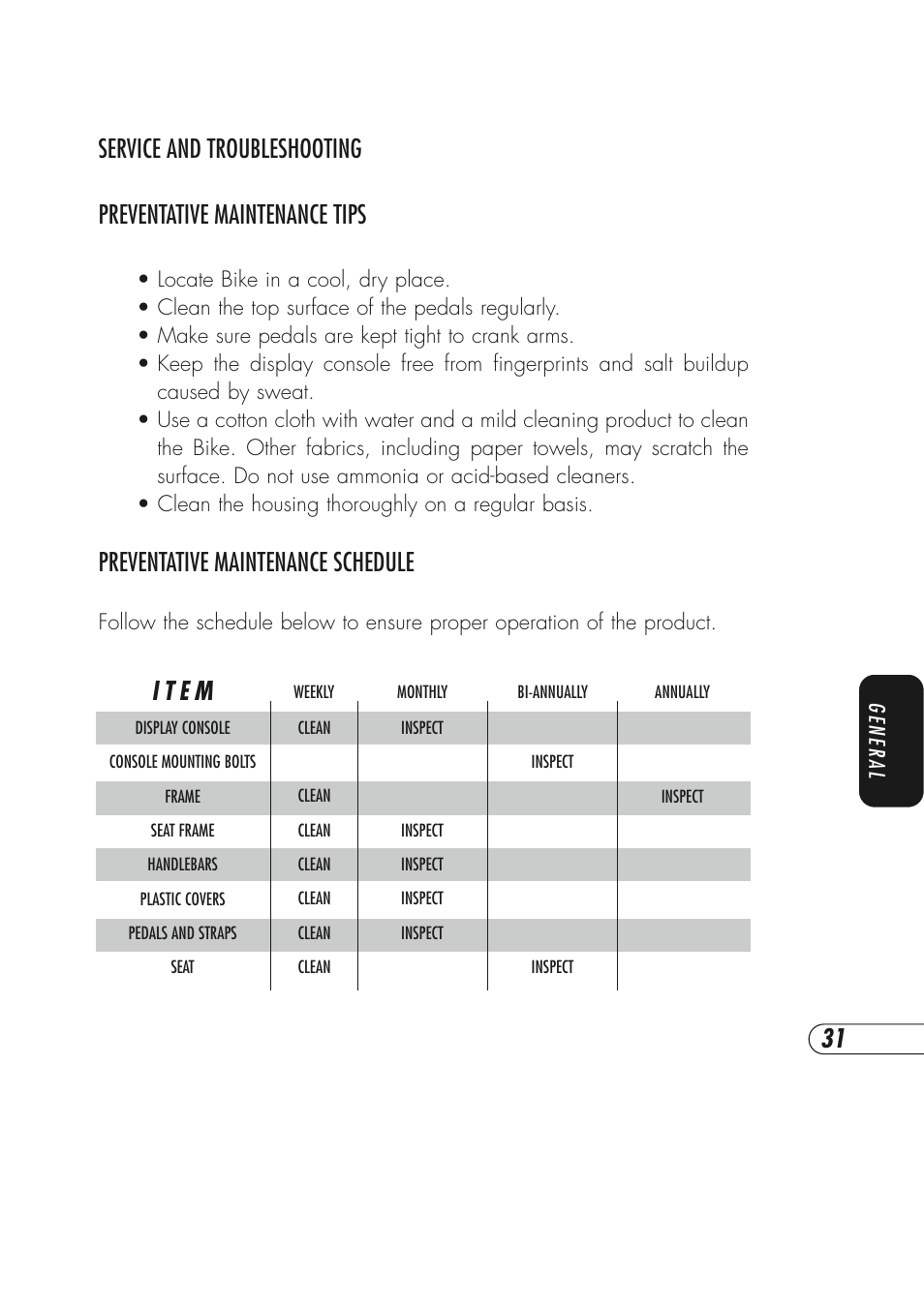 Preventative maintenance schedule, I t e m | Vision Fitness R2600HRT User Manual | Page 35 / 60