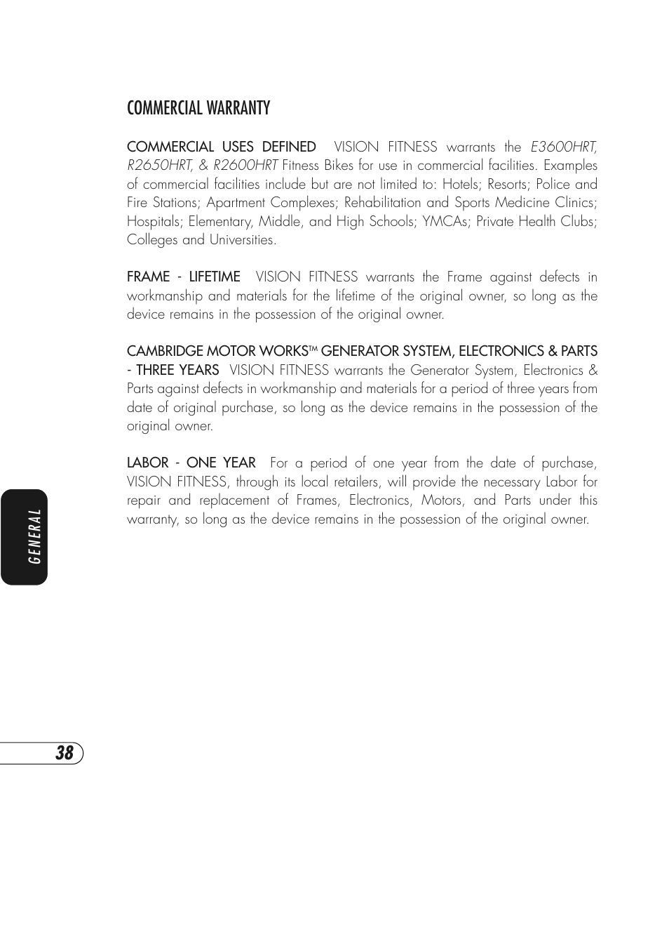 Commercial warranty | Vision Fitness R2600HRT User Manual | Page 42 / 60