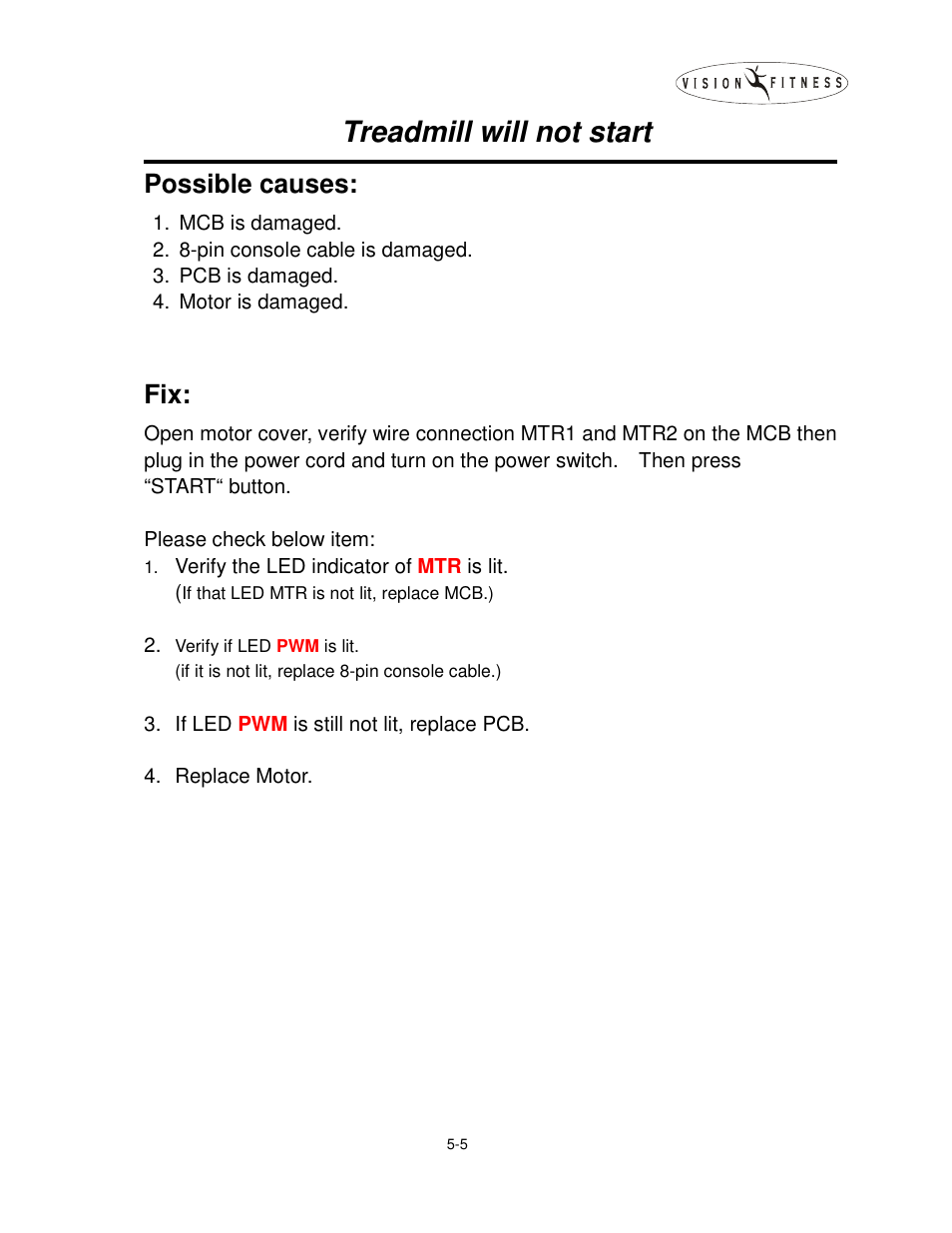 Treadmill will not start, Possible causes | Vision Fitness T9500 User Manual | Page 35 / 43