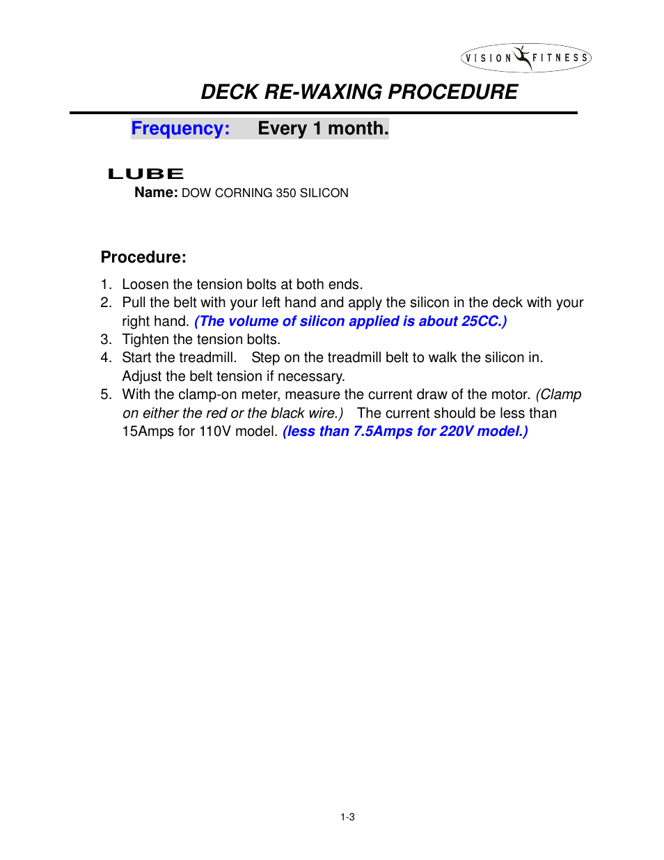 Deck re-waxing procedure, Frequency: every 1 month | Vision Fitness T9500 User Manual | Page 6 / 43