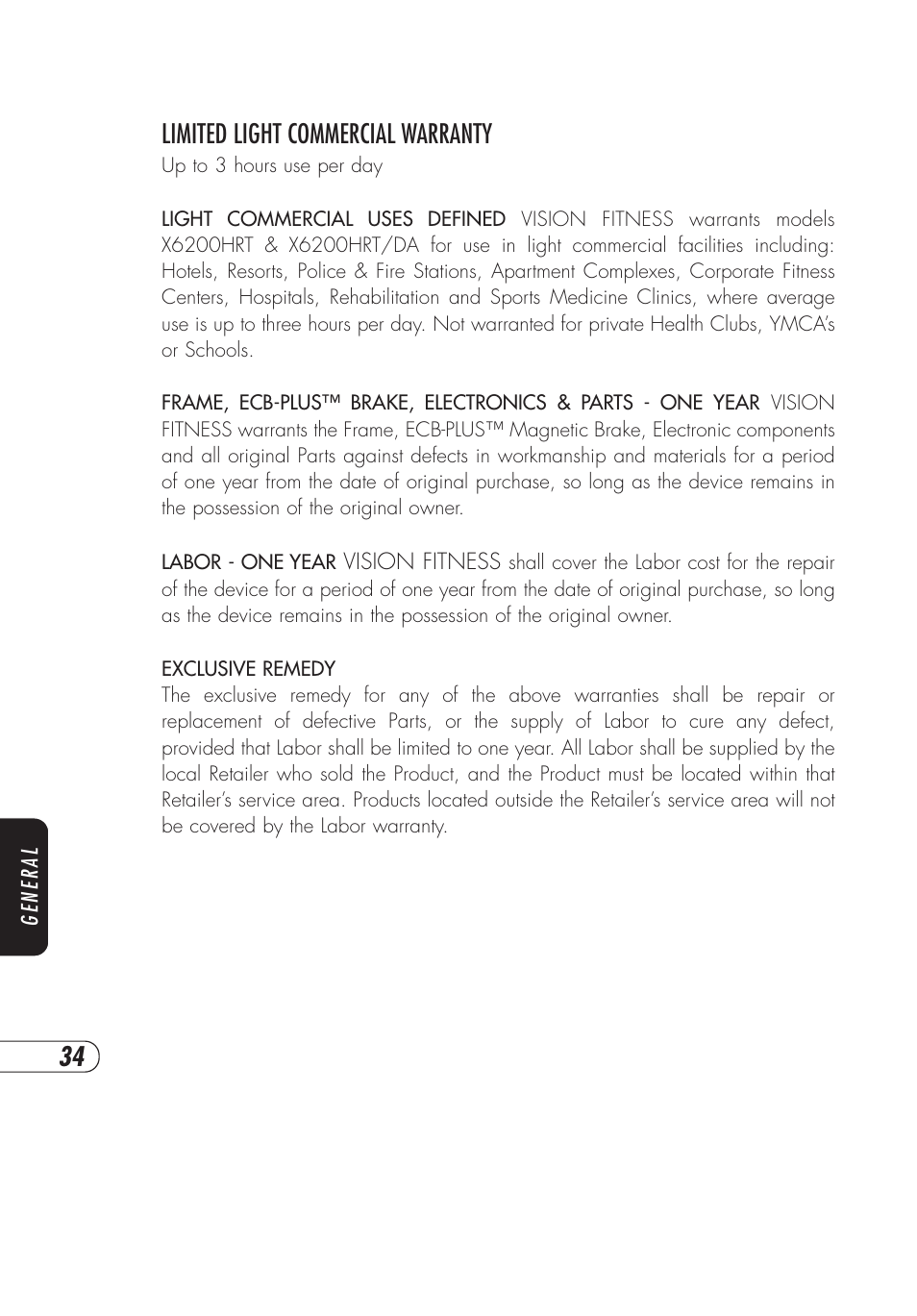 Limited light commercial warranty | Vision Fitness X6000 User Manual | Page 38 / 56