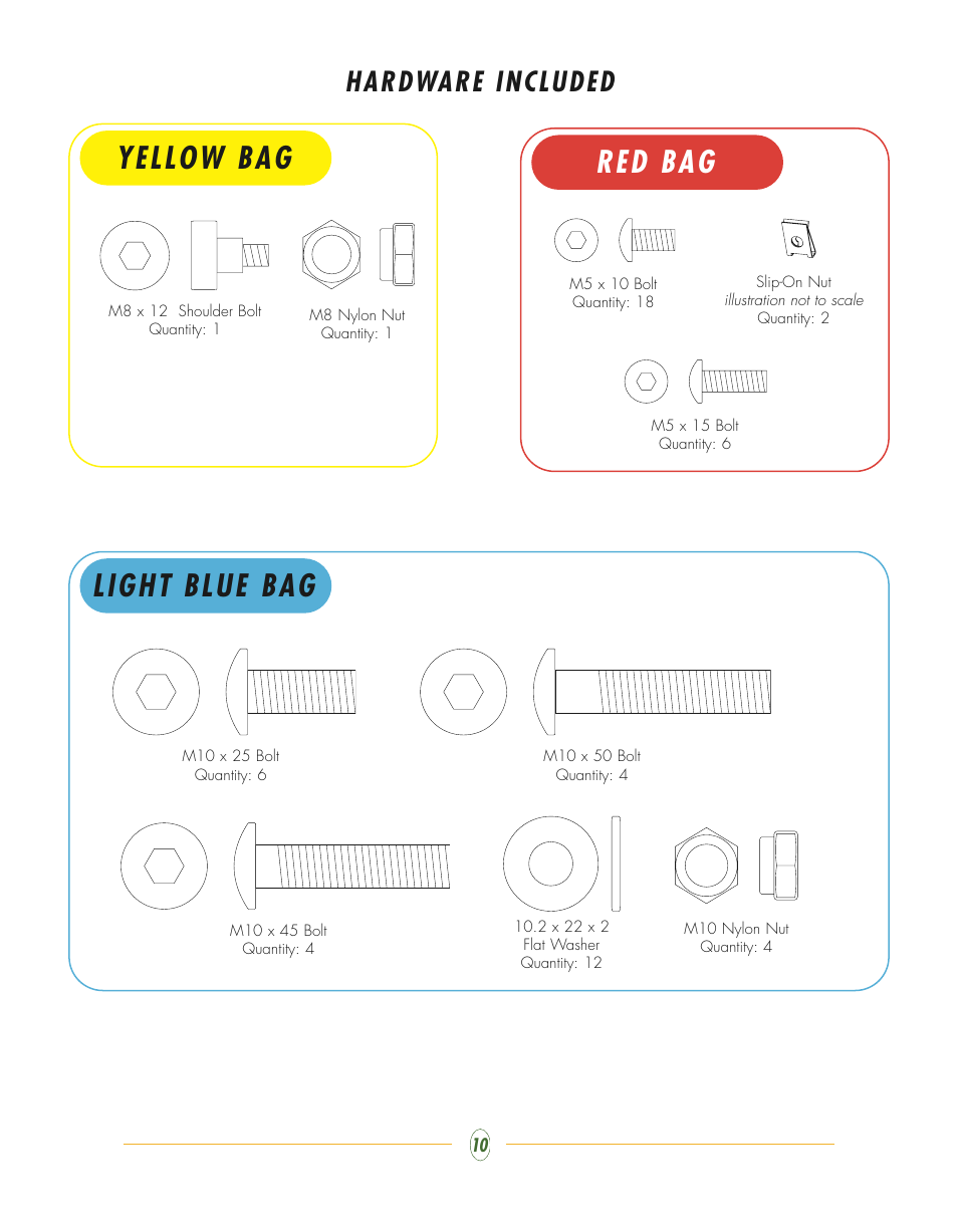 Yellow bag, Red bag, Light blue bag | Hardware included | Vision Fitness ST770 User Manual | Page 10 / 32