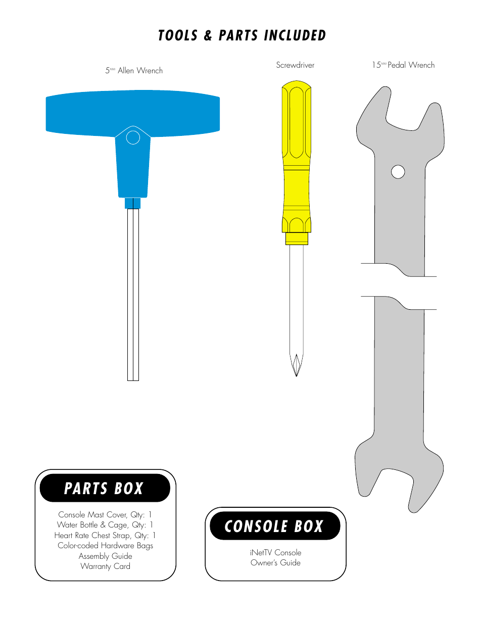 Parts box, Console box, Tools & parts included | Vision Fitness E3600iNetTV User Manual | Page 3 / 8