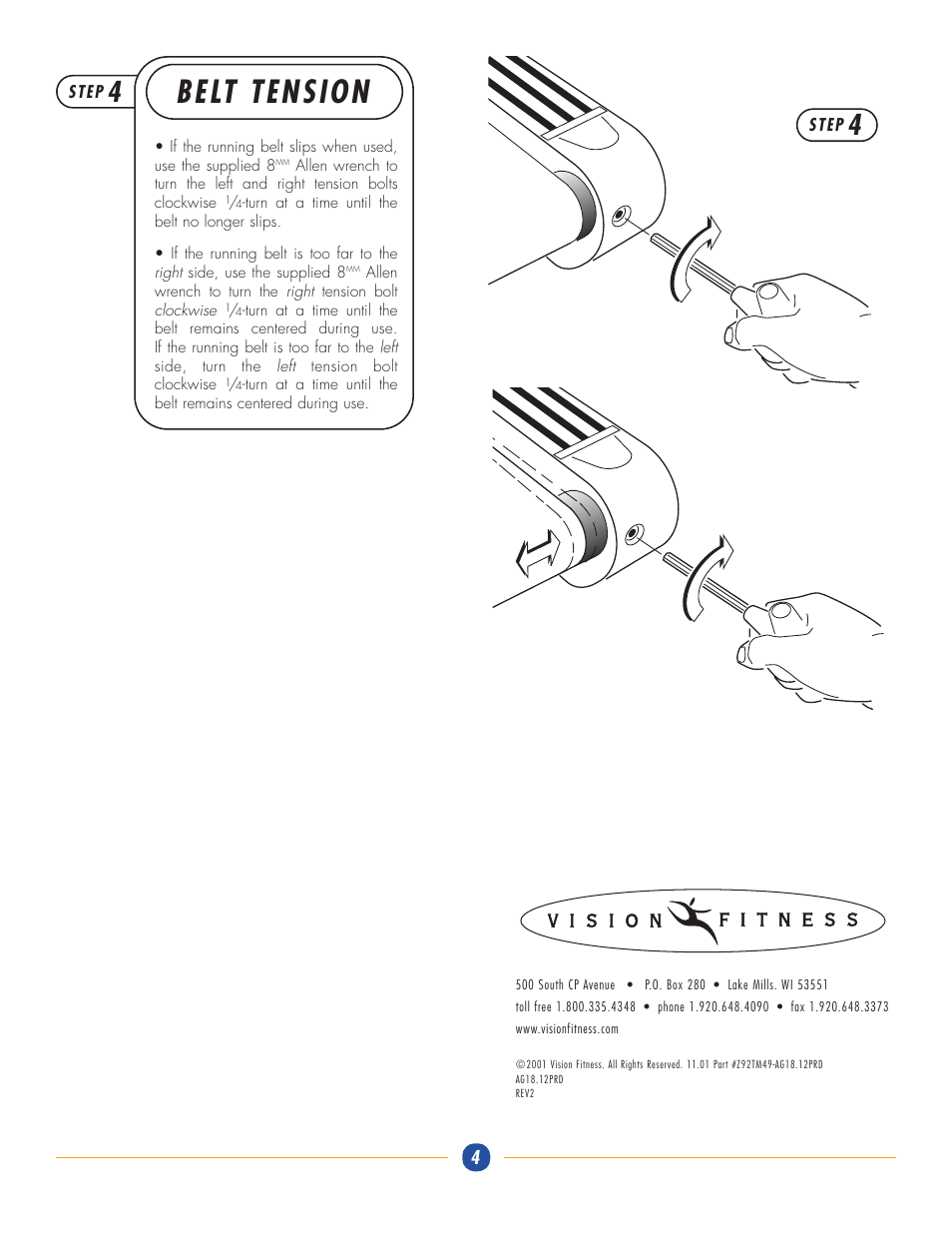 Belt tension | Vision Fitness T9400HRT User Manual | Page 8 / 8