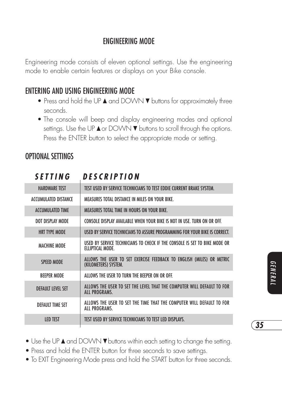 Engineering mode, Entering and using engineering mode, Optional settings | Vision Fitness E3200HRT User Manual | Page 39 / 60