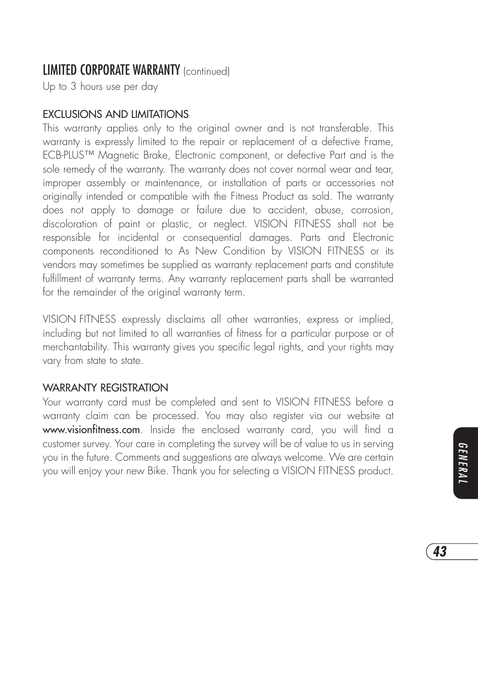 43 limited corporate warranty | Vision Fitness E3200HRT User Manual | Page 47 / 60