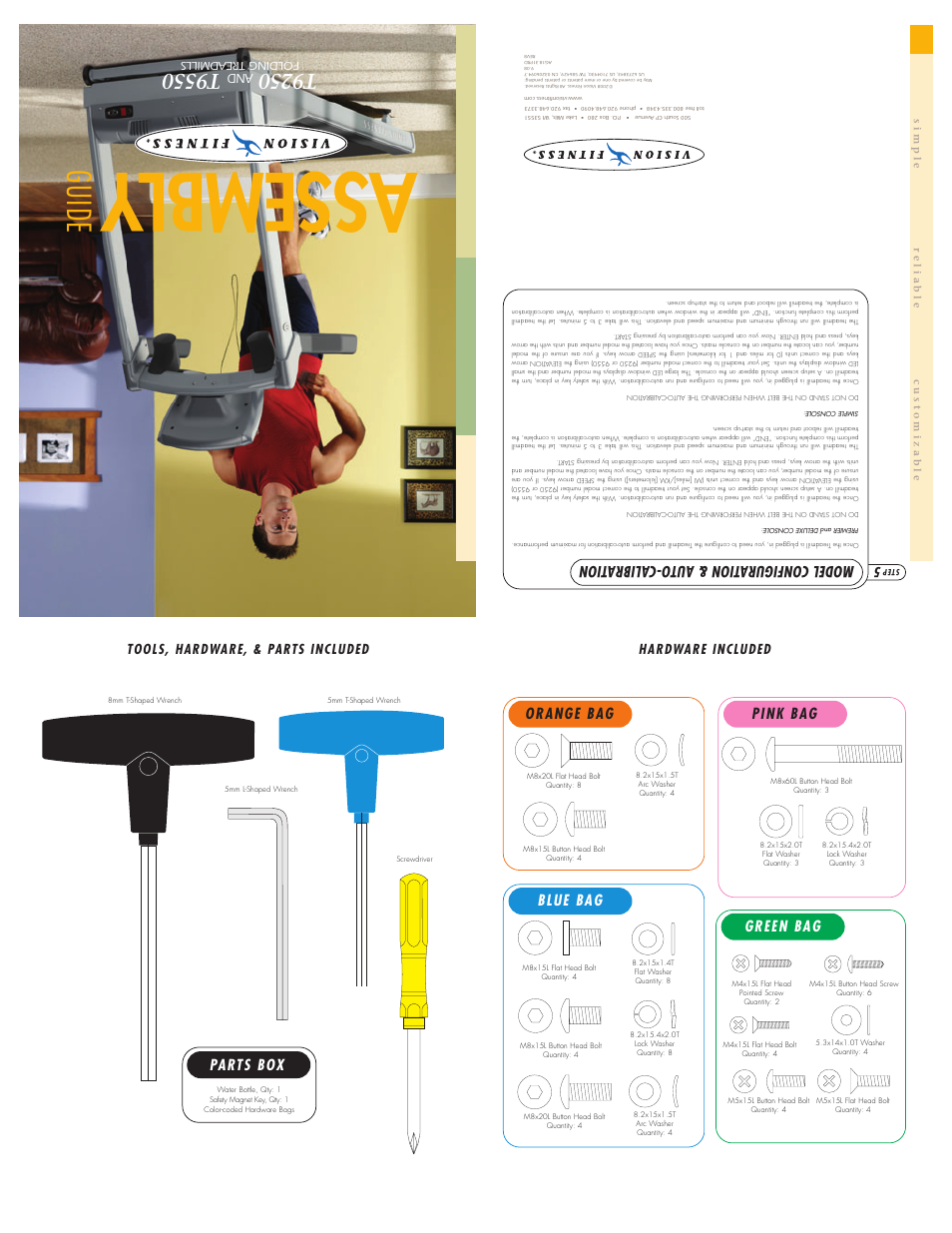 Assembly, Guide, T9250 | T9550, Parts box, Orange bag pink bag, Modelconfigura tion & auto-calibration, Green bag, Blue bag, Hardware included | Vision Fitness T9550 User Manual | Page 2 / 3