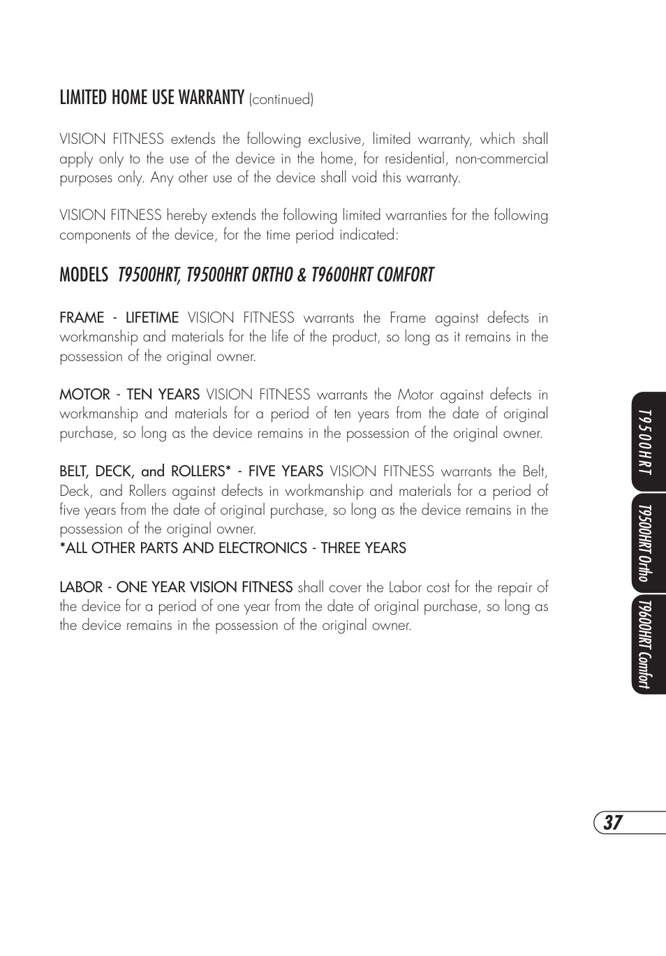 Limited home use warranty | Vision Fitness T9500HRT Ortho User Manual | Page 41 / 56
