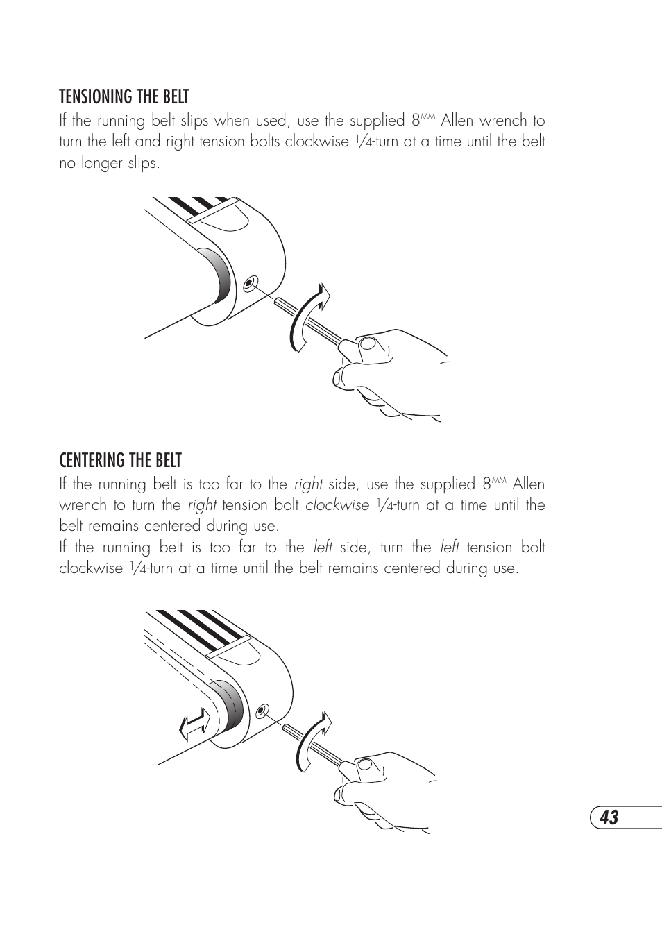 43 tensioning the belt, Centering the belt | Vision Fitness T9600HRT User Manual | Page 47 / 64