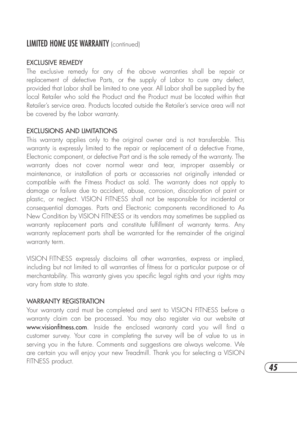 45 limited home use warranty | Vision Fitness T9600HRT User Manual | Page 49 / 64