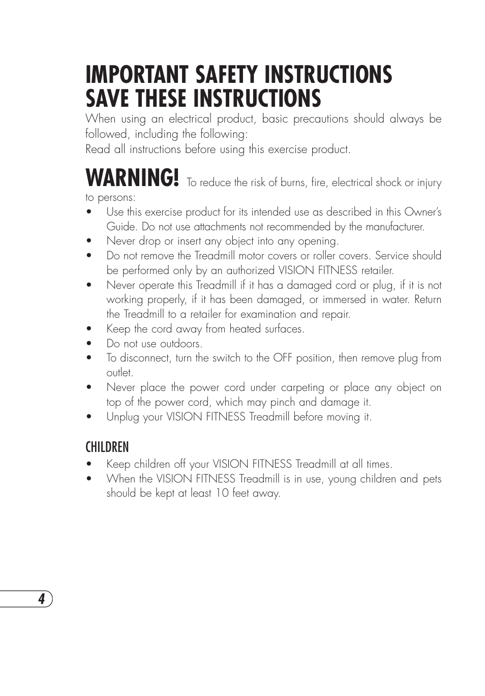 Warning | Vision Fitness T9600HRT User Manual | Page 8 / 64