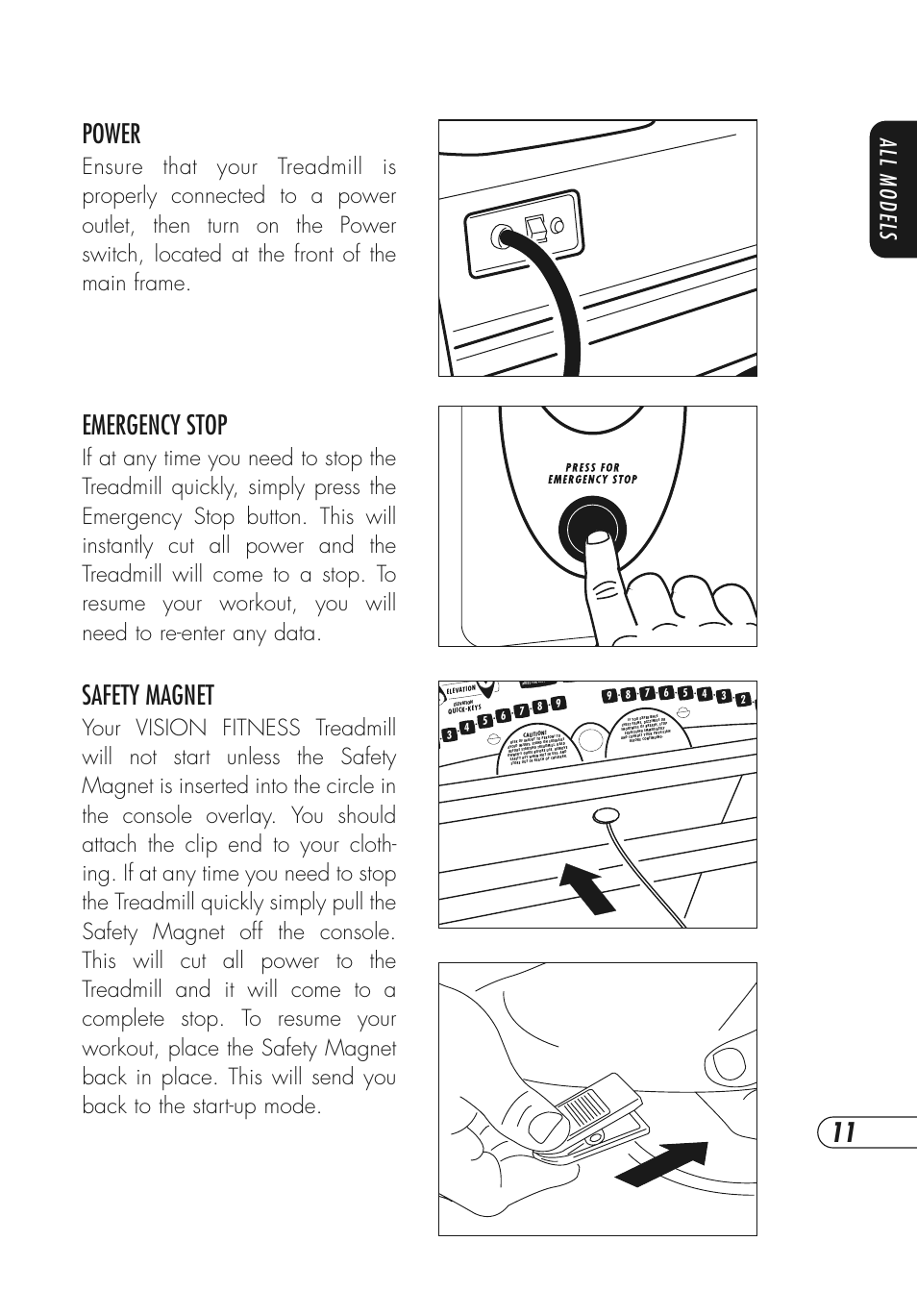 Power, Emergency stop, Safety magnet | All models | Vision Fitness T9700 Series User Manual | Page 15 / 80