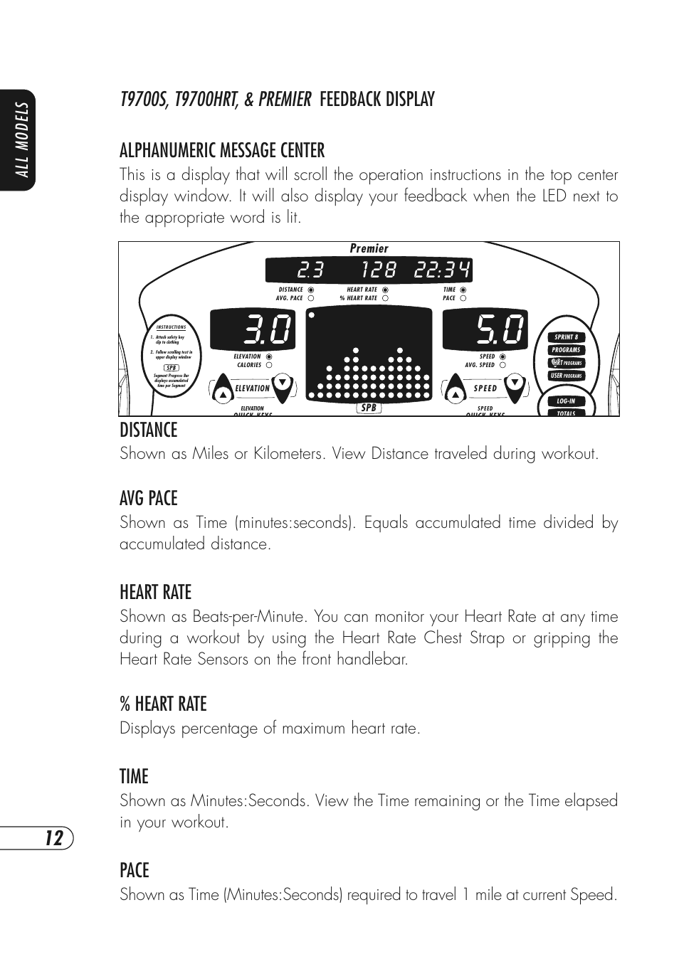 Distance, Avg pace, Heart rate | Time, Pace, All models, Displays percentage of maximum heart rate | Vision Fitness T9700 Series User Manual | Page 16 / 80