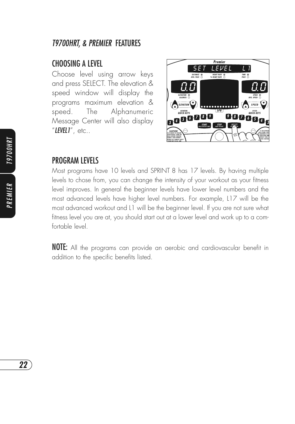 T9700hrt, & premier features program levels, Choosing a level, Premier t9700hr t | Vision Fitness T9700 Series User Manual | Page 26 / 80