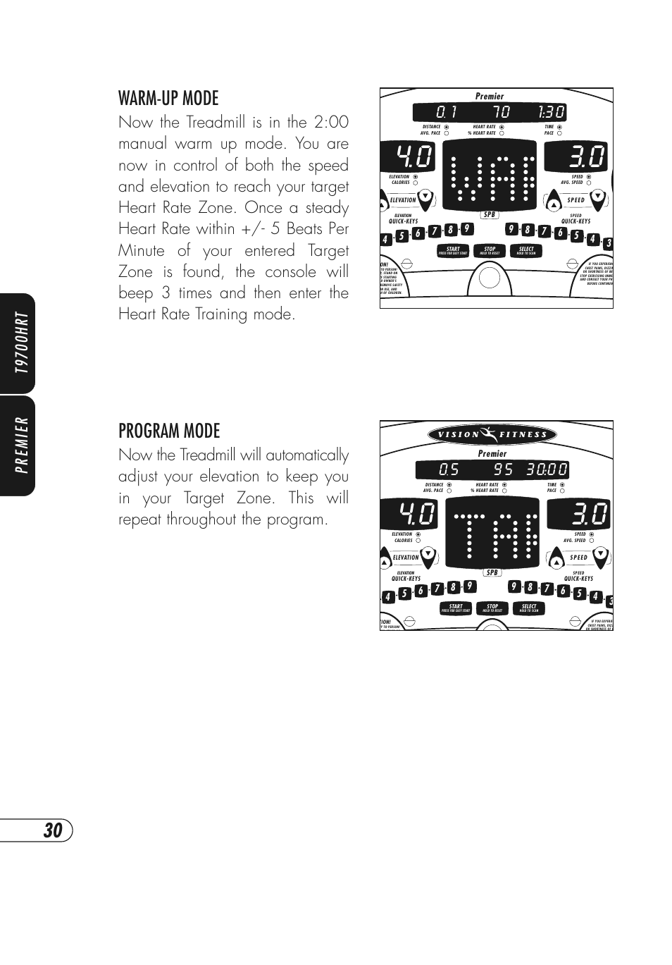 Warm-up mode, Program mode, Premier t9700hr t | Vision Fitness T9700 Series User Manual | Page 34 / 80