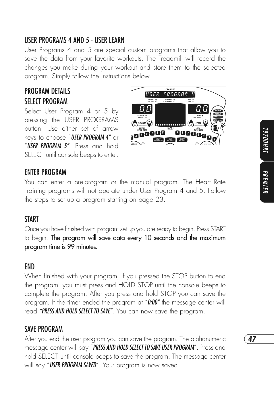 Program details select program, Enter program, Start | Save program, User programs 4 and 5 - user learn, T9700hr t premier | Vision Fitness T9700 Series User Manual | Page 51 / 80