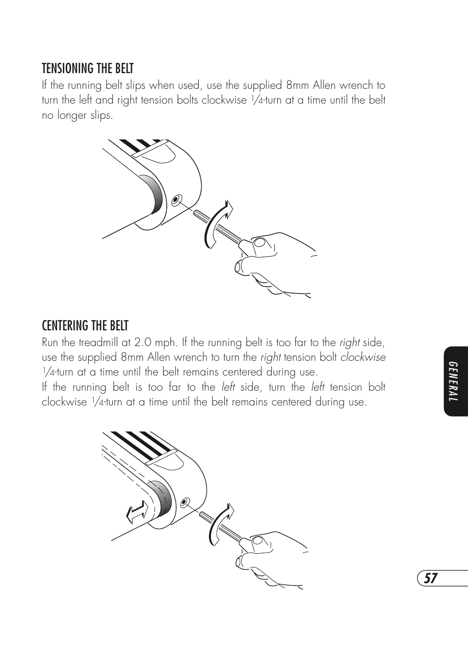 Tensioning the belt, Centering the belt | Vision Fitness T9700 Series User Manual | Page 61 / 80