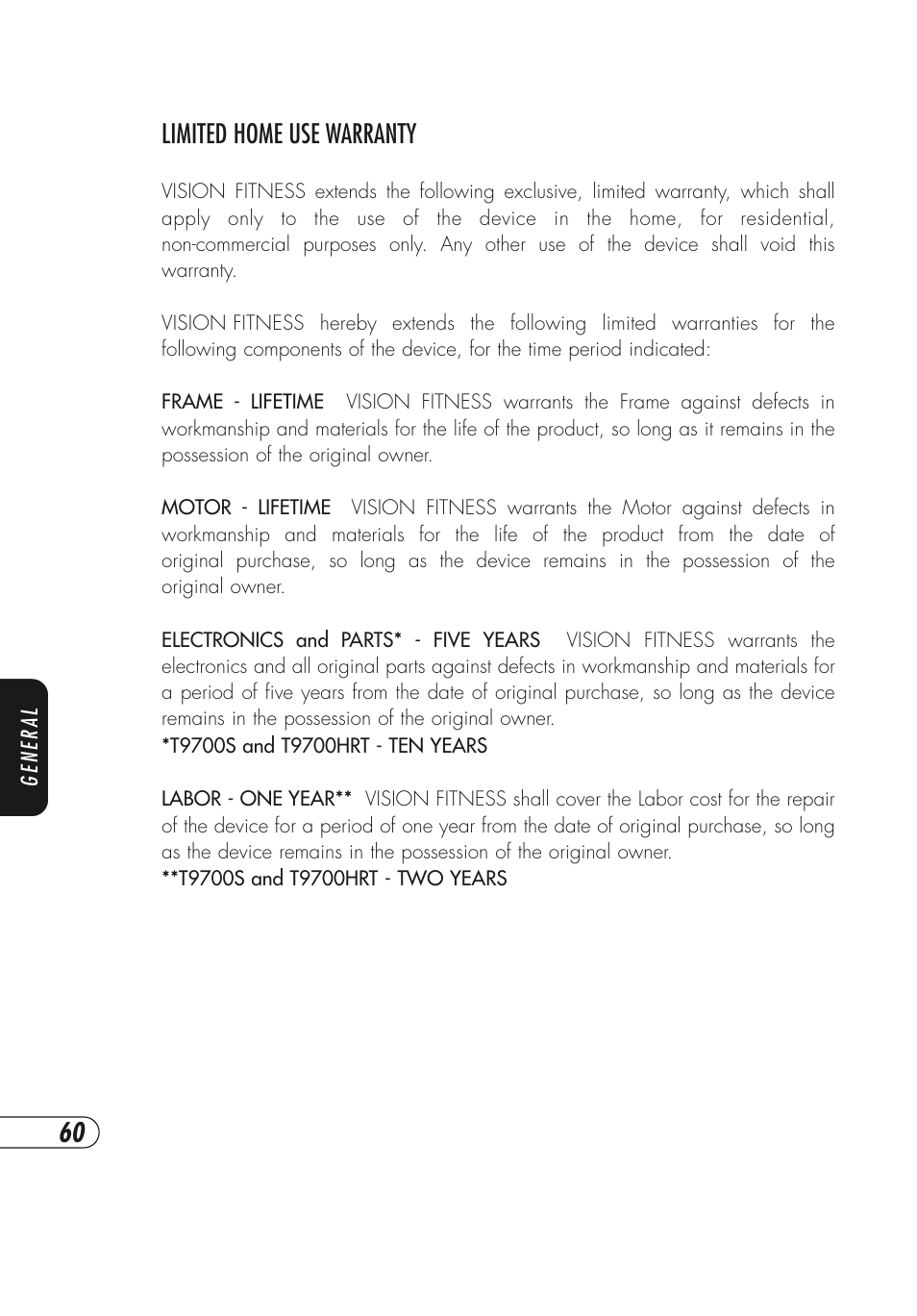 Limited home use warranty | Vision Fitness T9700 Series User Manual | Page 64 / 80