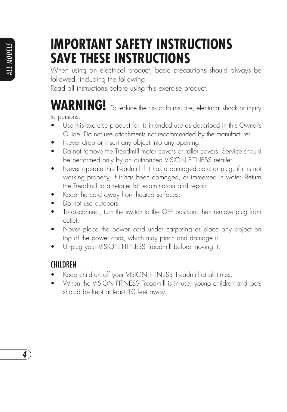 Warning | Vision Fitness T9700 Series User Manual | Page 8 / 80